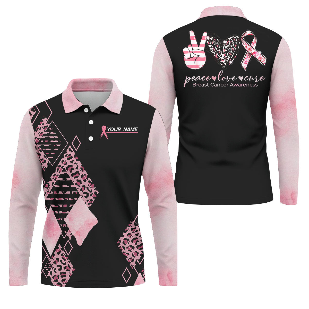 Peace Love Cure Men's Golf Shirt, Breast Cancer Awareness Shirt, Pink Leopard Golf Shirt, Golf Gift For Men